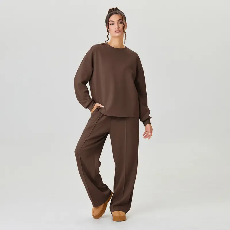 Women's Cozy Round Neck Top & Wide Leg Trousers Two Piece Outfits