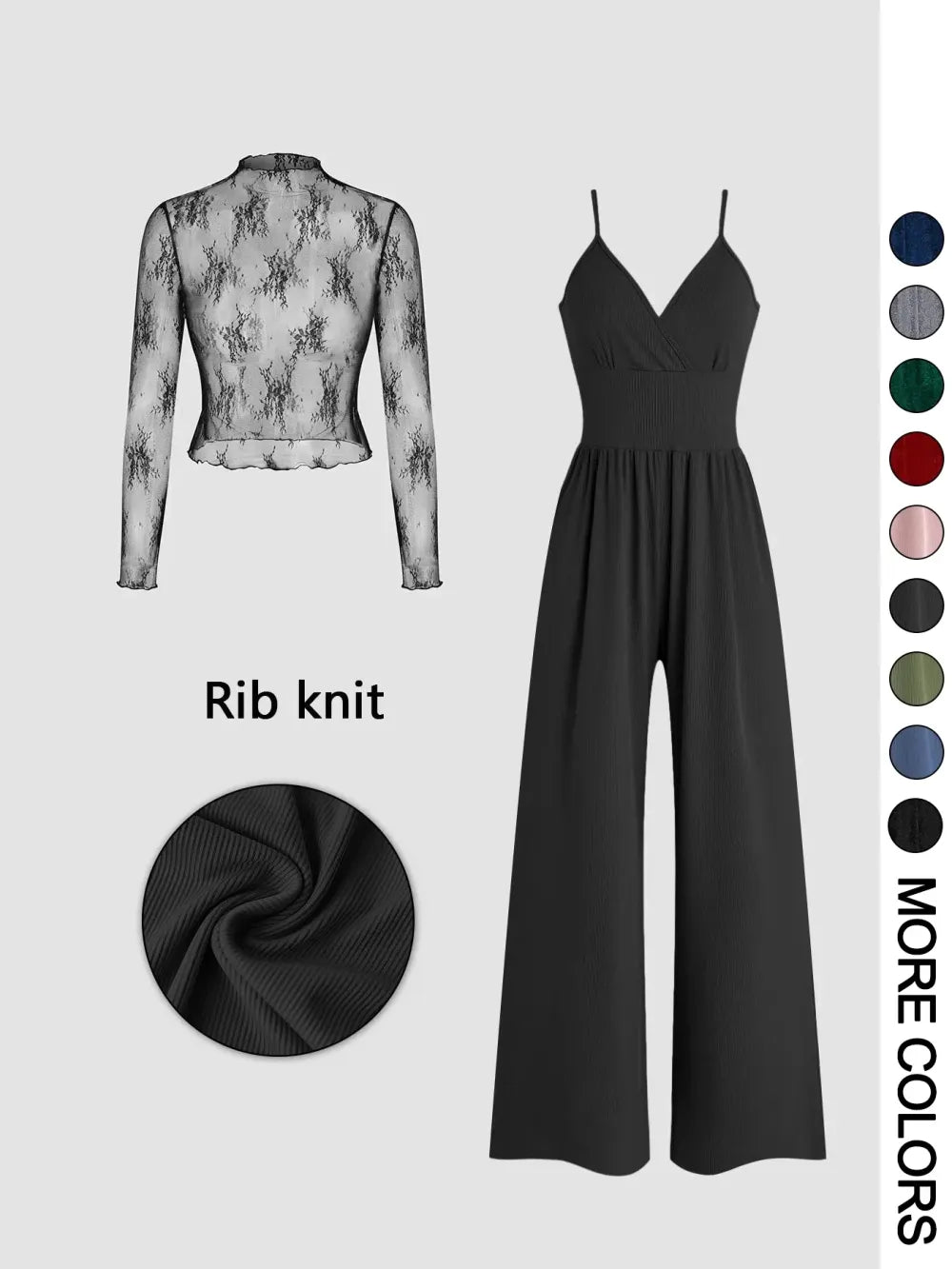 Women's Knitted Lace Tee & High Waist Pocket Jumpsuit Two-piece Set
