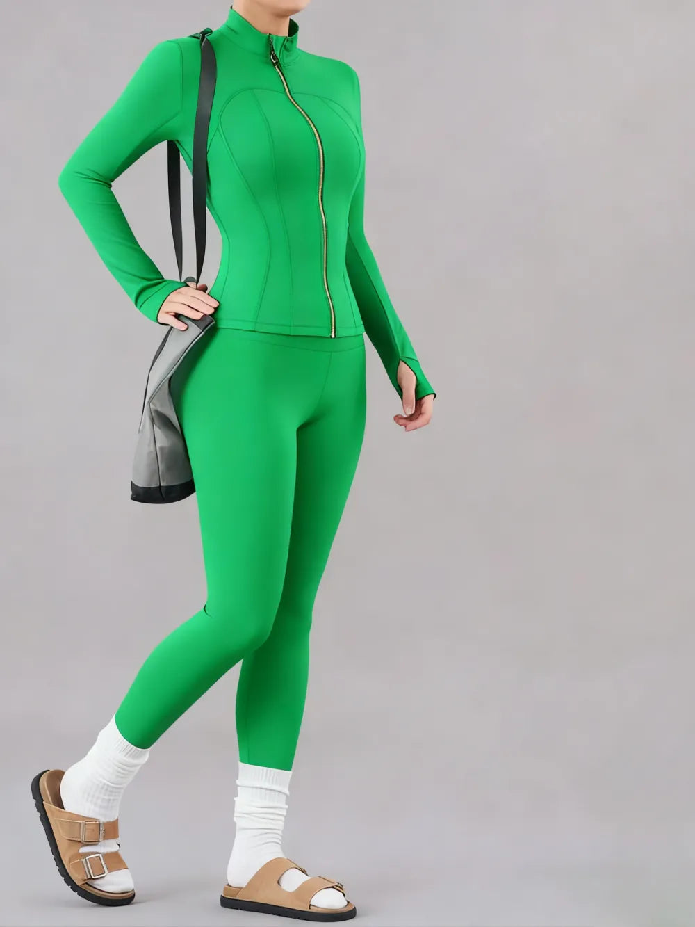 Solid Zip Up Jacket & High Waist Leggings Tracksuit Set