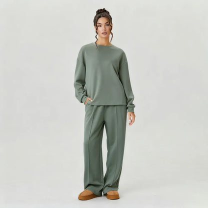 Women's Cozy Round Neck Top & Wide Leg Trousers Two Piece Outfits