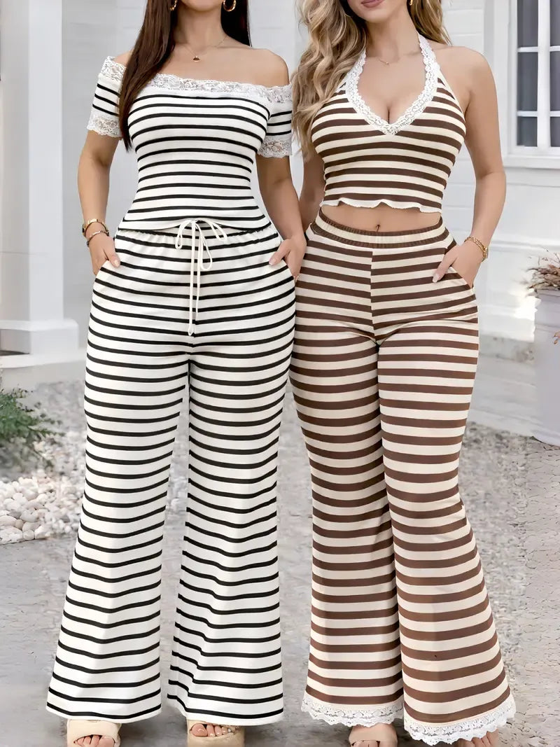2pcs Women's Off Shoulder Top & Pants Striped Set
