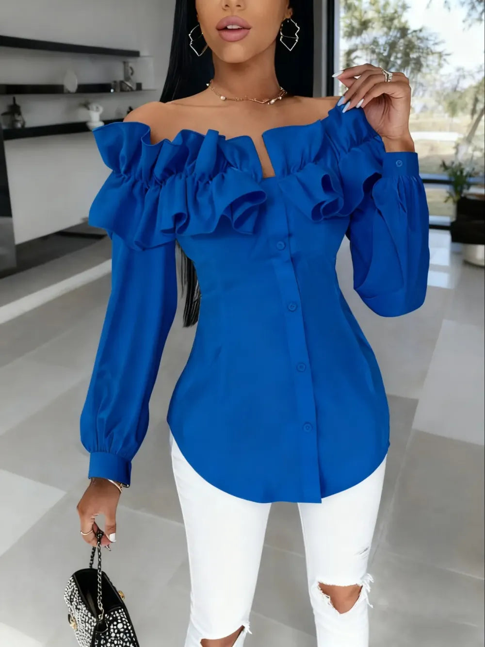 Women's Long Sleeve One Shoulder Ruffle Slim Fit Shirt Blouse