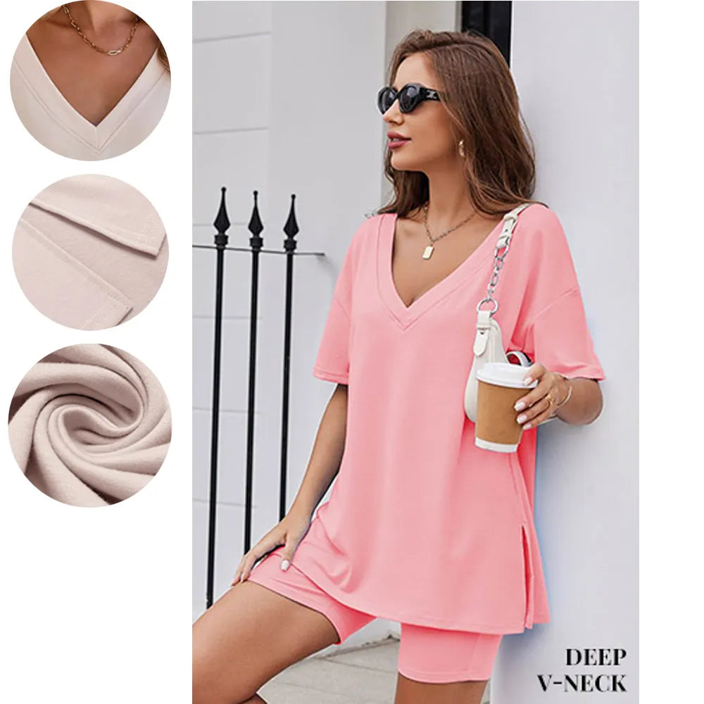 Women's Two-Piece Pajama Set Casual Oversized V Neck Split Hem