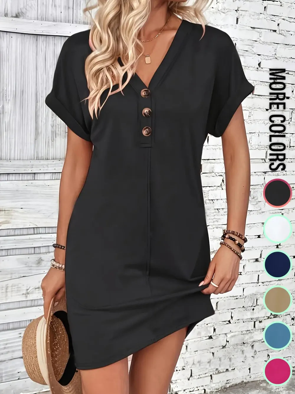 Women's Plain Button V Neck Tee Dress