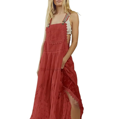Women's Basic Minimalist Sleeveless Laced Embroidered Tulle Bib Dress