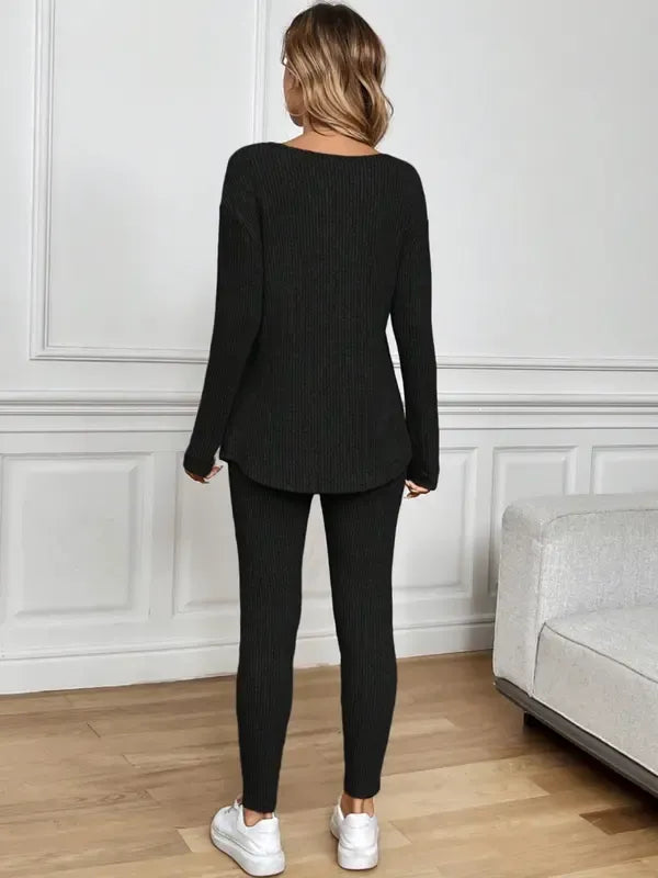 2pcs/Set Women's Plush Rib-Knit Leggings Suit
