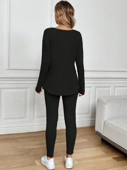 2pcs/Set Women's Plush Rib-Knit Leggings Suit