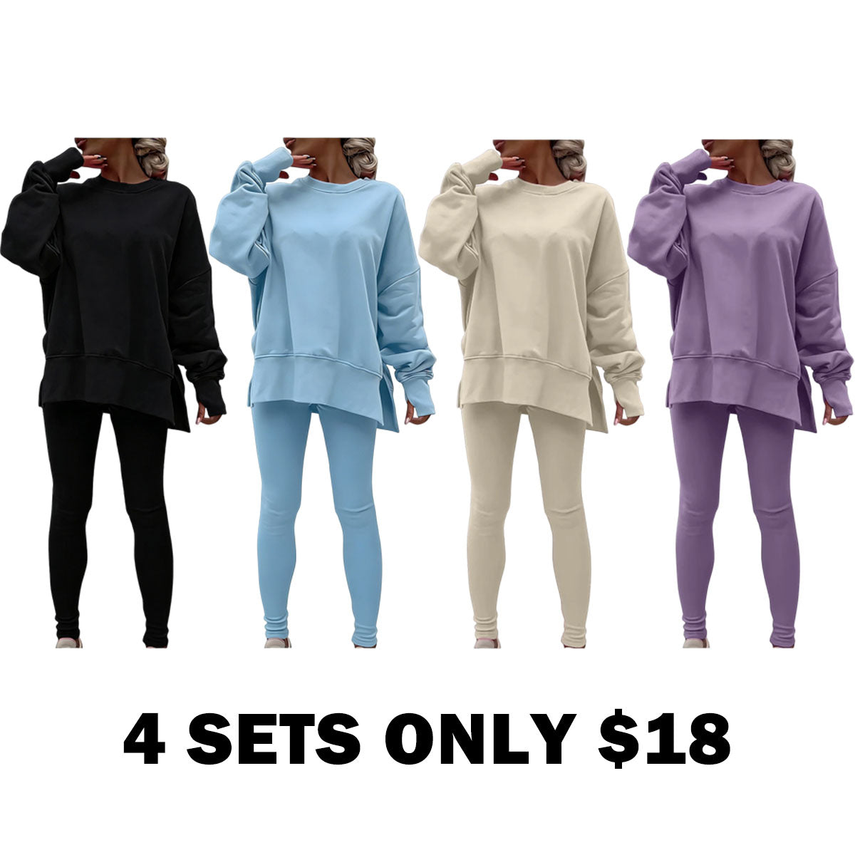 Women's Fashionable Solid Color Casual Long Sleeved Round Neck Hoodie Top Stripe Pants Set