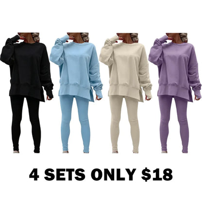 Women's Fashionable Solid Color Casual Long Sleeved Round Neck Hoodie Top Stripe Pants Set
