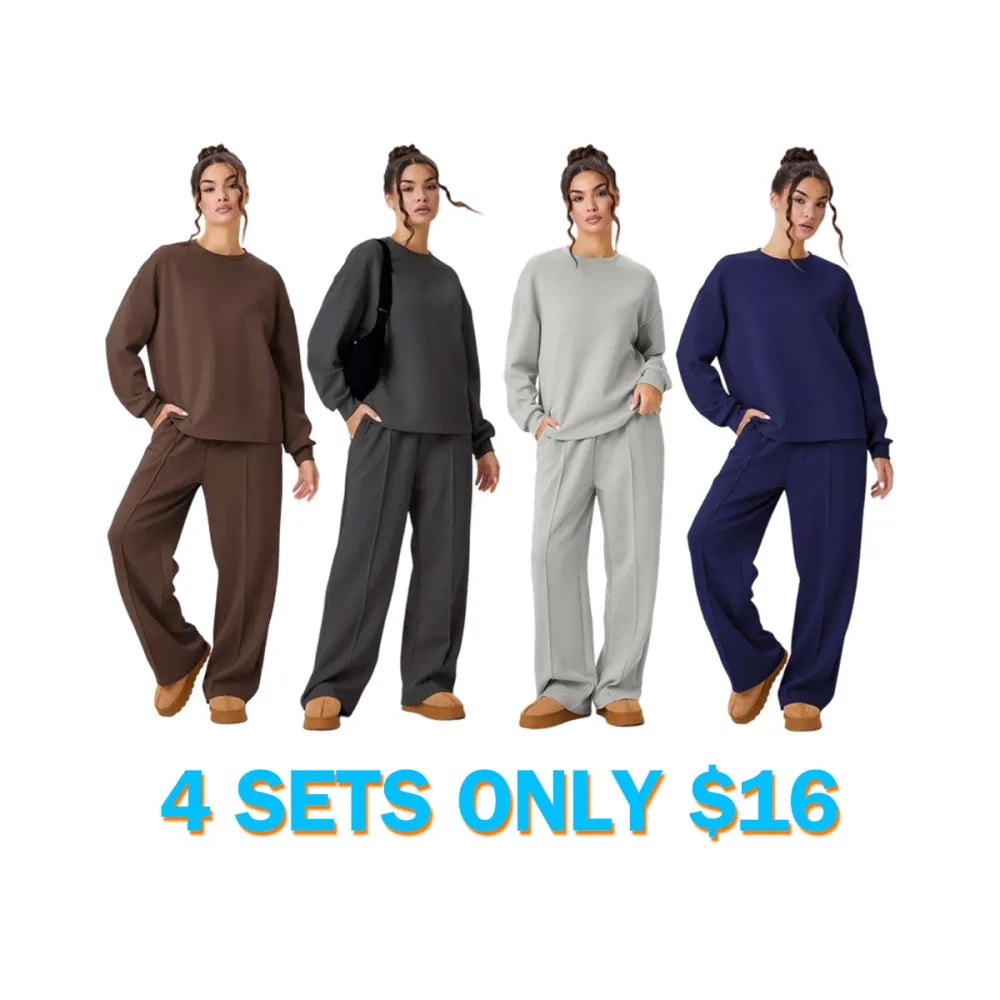 Women's Cozy Round Neck Top & Wide Leg Trousers Two Piece Outfits