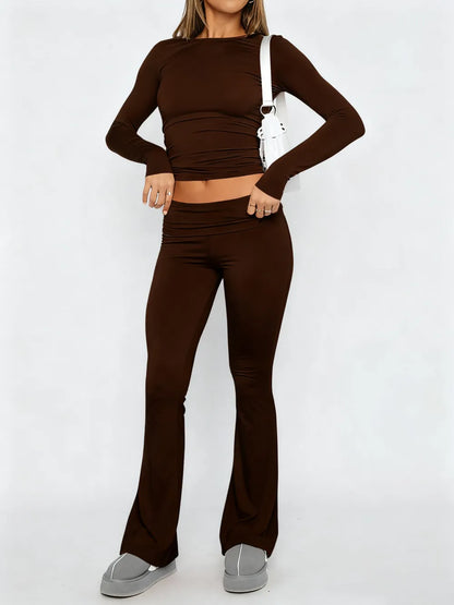 Women's Solid Long Sleeve Crop Tee & Flare Leg Skinny Pants Loungewear Set