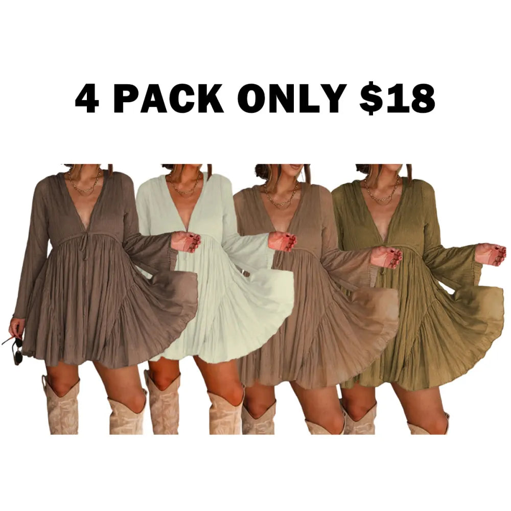 Women's V Neck Long Sleeve Dress with Pants Lining