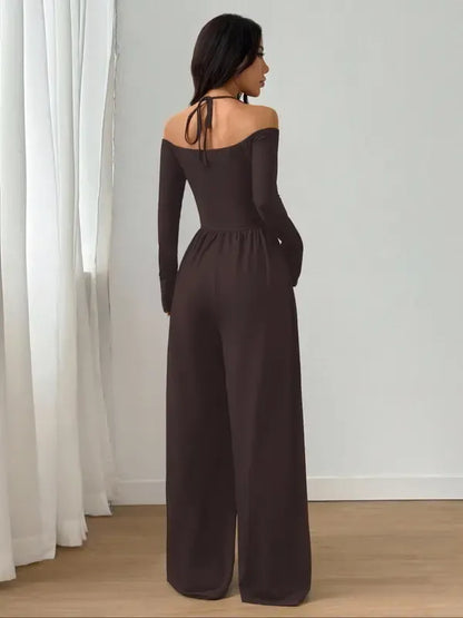Women's Solid Color Off-Shoulder Ruched Wide Leg Casual Jumpsuit