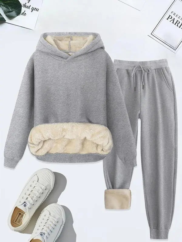Women's Thermal Lined Solid Color Hoodie & Drawstring Waist Pants Two-piece Set
