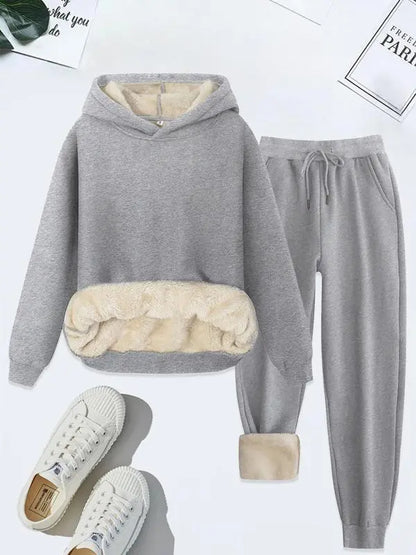 Women's Thermal Lined Solid Color Hoodie & Drawstring Waist Pants Two-piece Set
