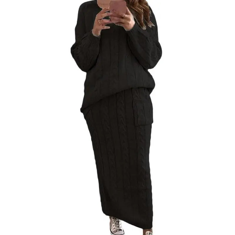 Women's Winter Chunky Cable Knit Long Skirt 2 Piece Sweater Sets