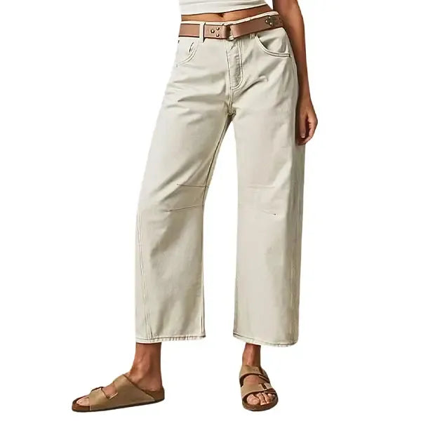 Solid Stitch Detail Mid Waist Crop Baby Barrel Pants