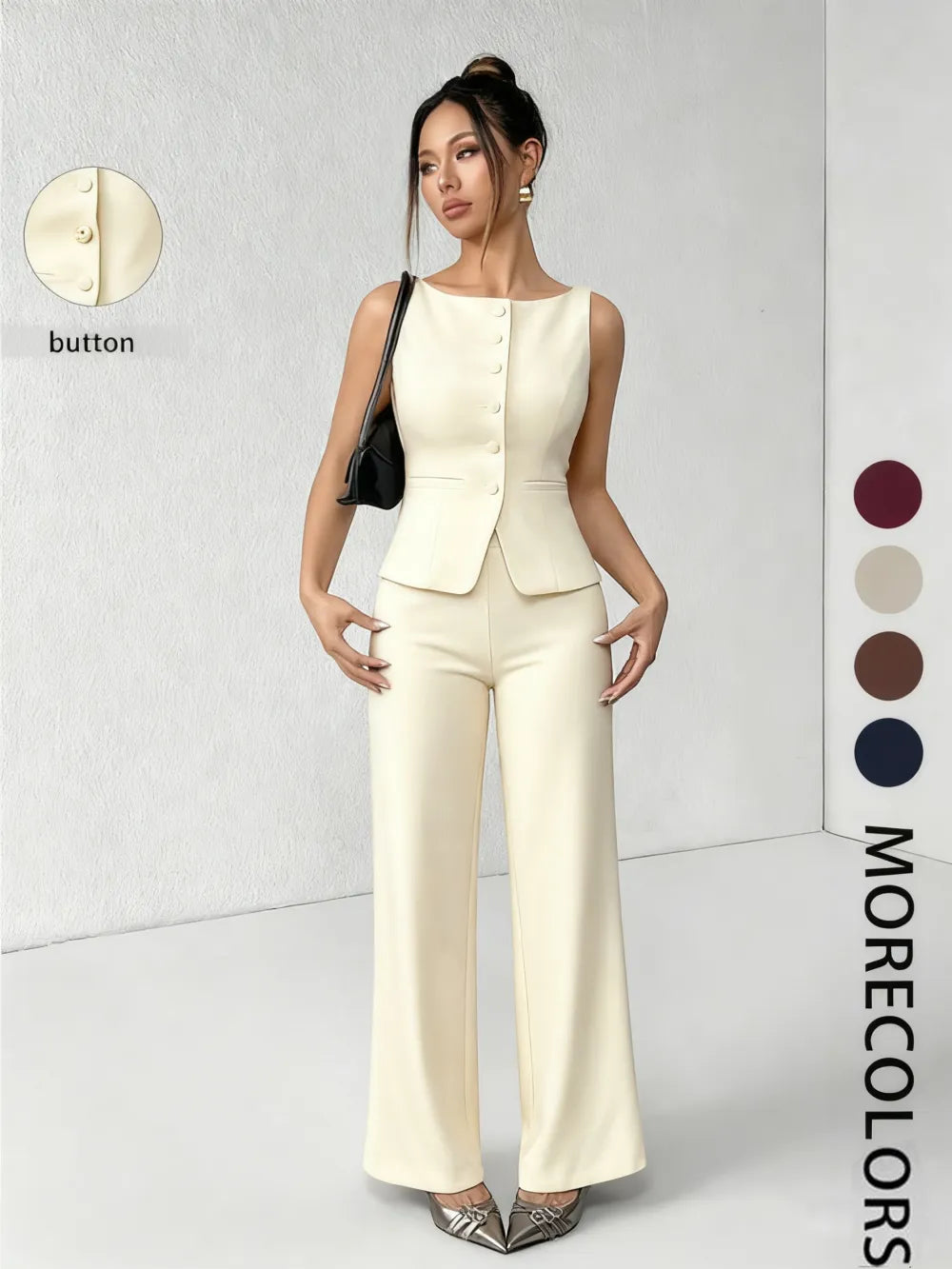 Women's Solid Button Front Tank Top & Wide Leg Pants Set