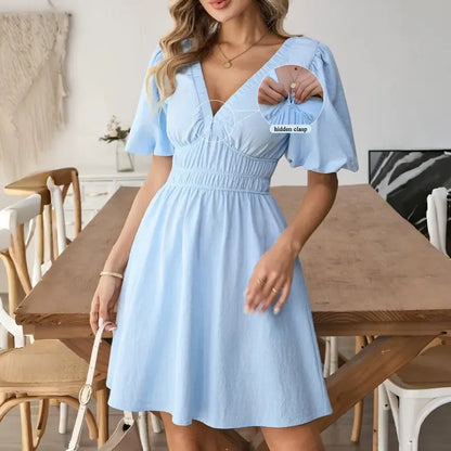 Women's Boho Puff Sleeve Textured Cotton Mini Dress with Pockets