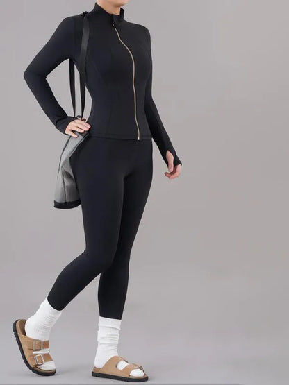 Solid Zip Up Jacket & High Waist Leggings Tracksuit Set