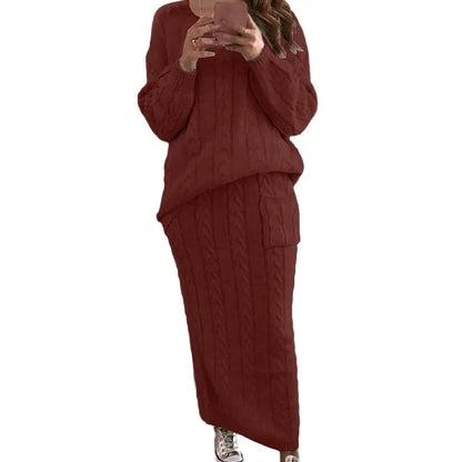 Women's Winter Chunky Cable Knit Long Skirt 2 Piece Sweater Sets