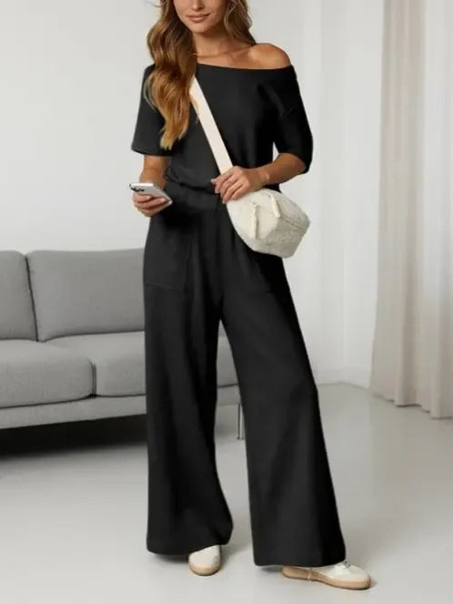 Women's Heather Off-Shoulder Wide Leg Jumpsuit