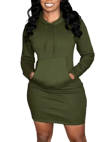 Women's Solid Drawstring Hooded Sweatshirt Dress