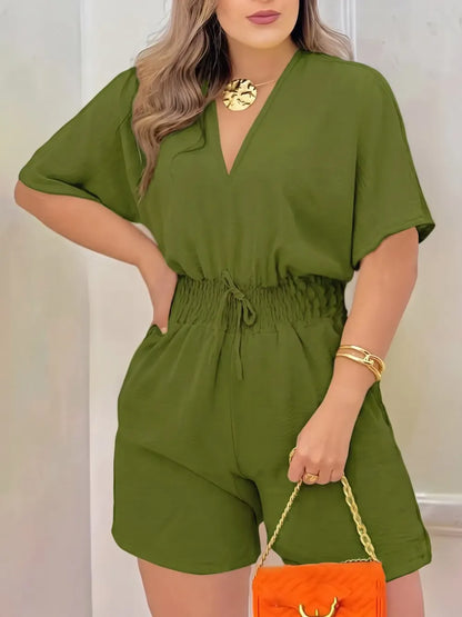 Women's Plain Drawstring Shirred Waist Fitted V Neck Romper