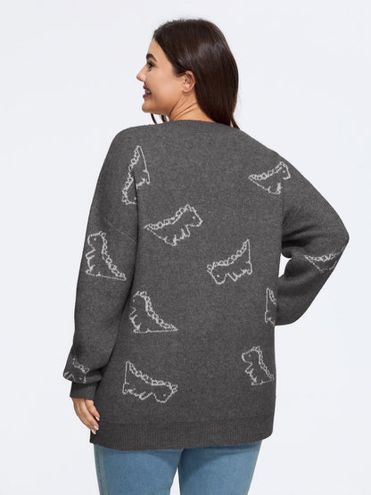 Jacquard Dinosaur Print Knit Cardigan