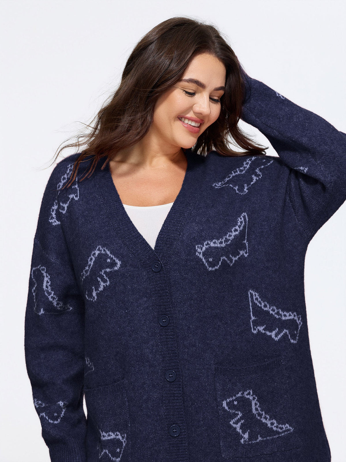 Jacquard Dinosaur Print Knit Cardigan