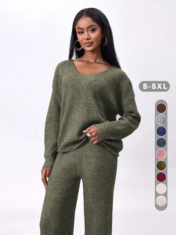 Two-piece Set Women's Solid Color Drop Shoulder Sweater & Pants