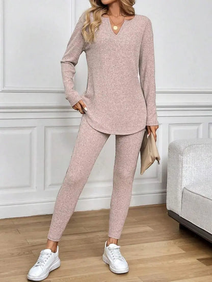 2pcs/Set Women's Plush Rib-Knit Leggings Suit