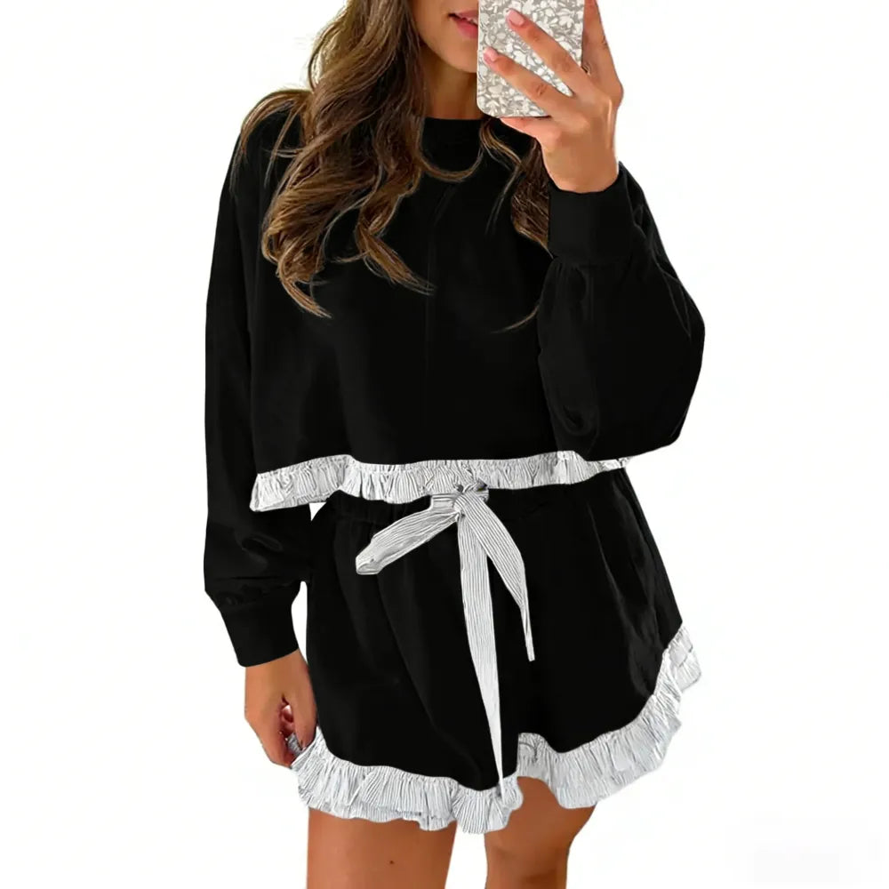 Women's 2 Piece Lounge Sets Ruffle Color Block Cropped Sweatshirts