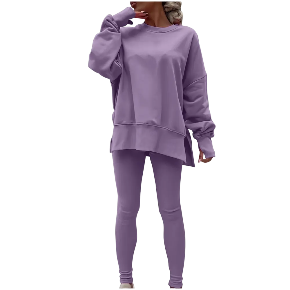Women's Fashionable Solid Color Casual Long Sleeved Round Neck Hoodie Top Stripe Pants Set