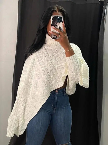 Women's Textured Split Sleeve Turtle Neck Cropped Sweater