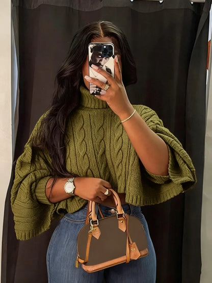 Women's Textured Split Sleeve Turtle Neck Cropped Sweater