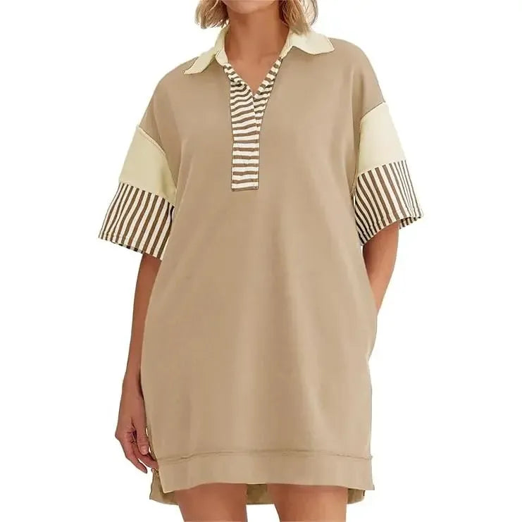 V Neck Summer Color Block Short Sleeve Mini Dress