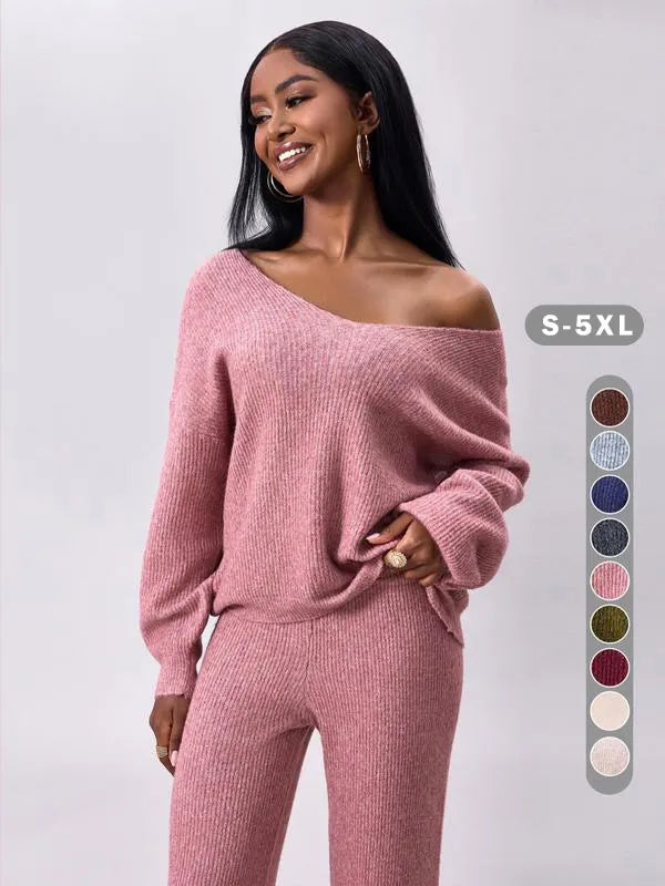 Two-piece Set Women's Solid Color Drop Shoulder Sweater & Pants