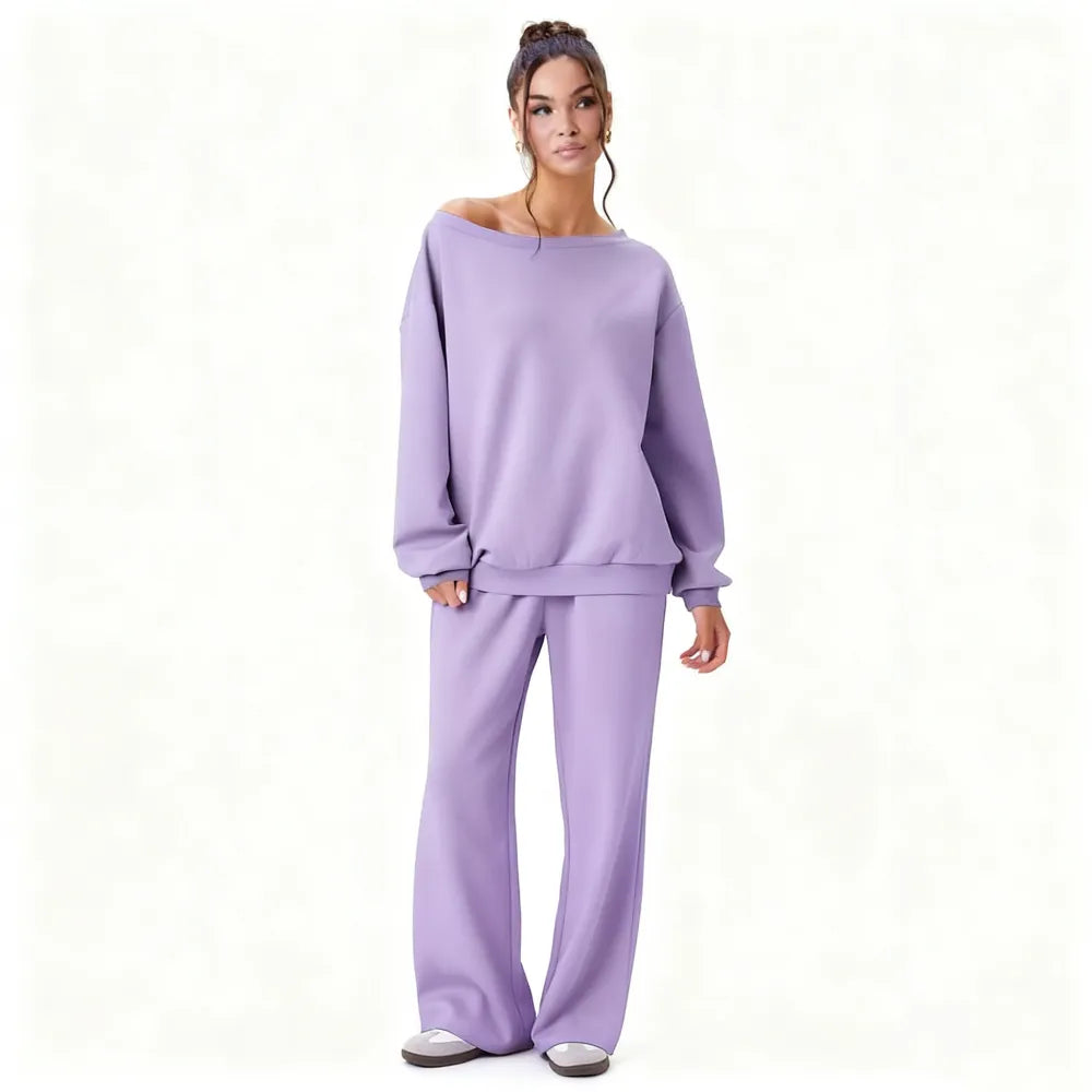 Women's Leisure Solid Color Sloping Shoulder Long Sleeve Top & Wide Leg Trousers Co-ord