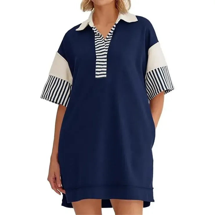 V Neck Summer Color Block Short Sleeve Mini Dress