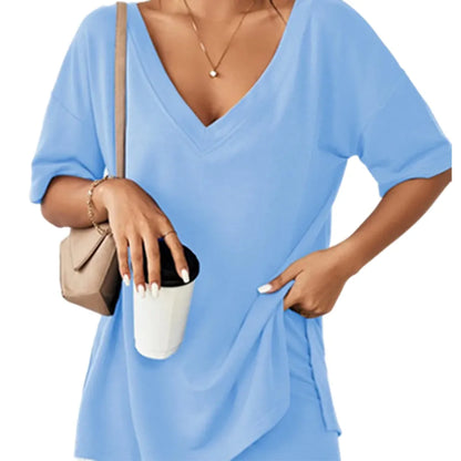 Women's Two-Piece Pajama Set Casual Oversized V Neck Split Hem