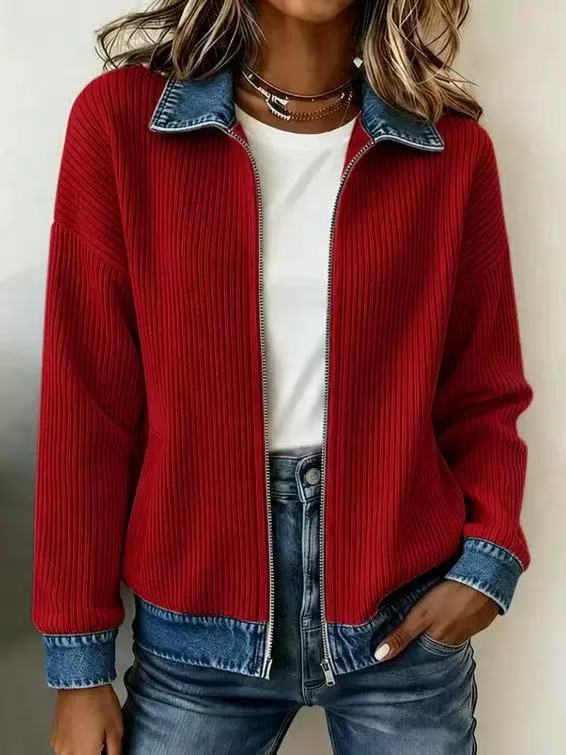 🎁Women's Casual Ribbed Knit Zip-Up Jacket with Contrast Denim Details