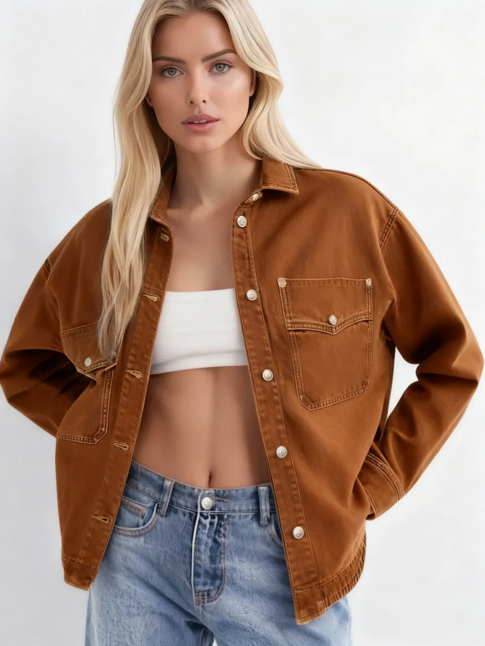 Women's Plain Button Front Drop Shoulder Curved Hem Denim Jacket