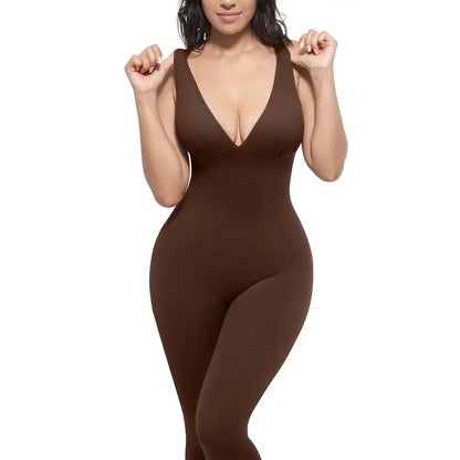 Deep V High-Waisted Tummy Control Jumpsuit