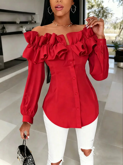 Women's Long Sleeve One Shoulder Ruffle Slim Fit Shirt Blouse