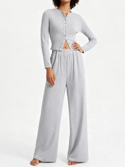 Women's Solid Button Front Ribbed Crop Top & Elastic Waist Pants 2 Piece Set