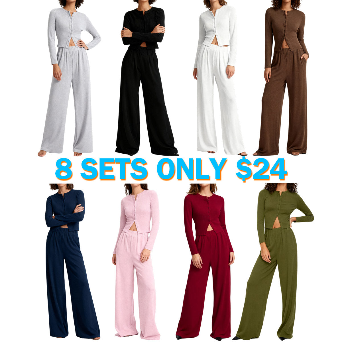 Women's Solid Button Front Ribbed Crop Top & Elastic Waist Pants 2 Piece Set