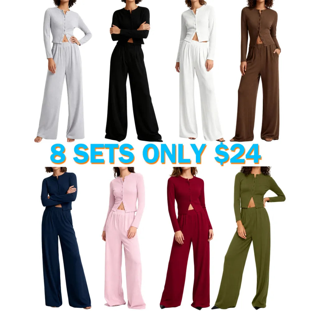 Women's Solid Button Front Ribbed Crop Top & Elastic Waist Pants 2 Piece Set