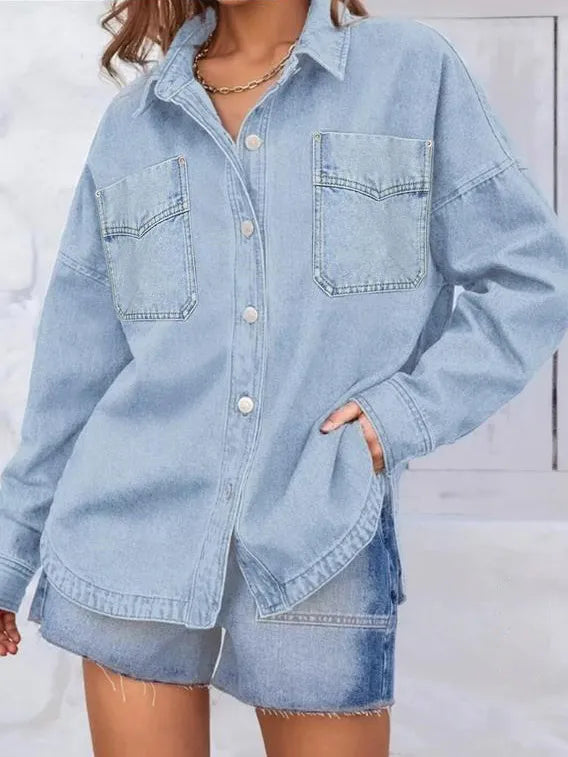 Women's Plain Button Front Drop Shoulder Curved Hem Denim Jacket