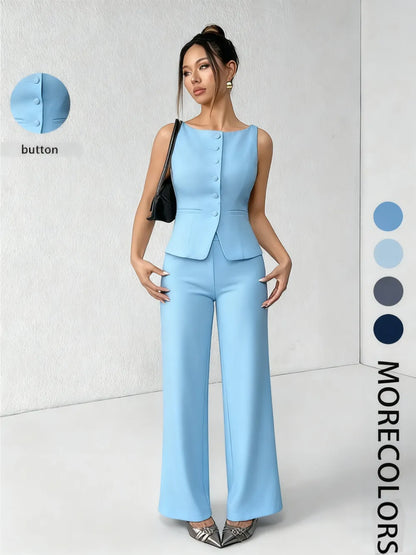 Women's Solid Button Front Tank Top & Wide Leg Pants Set